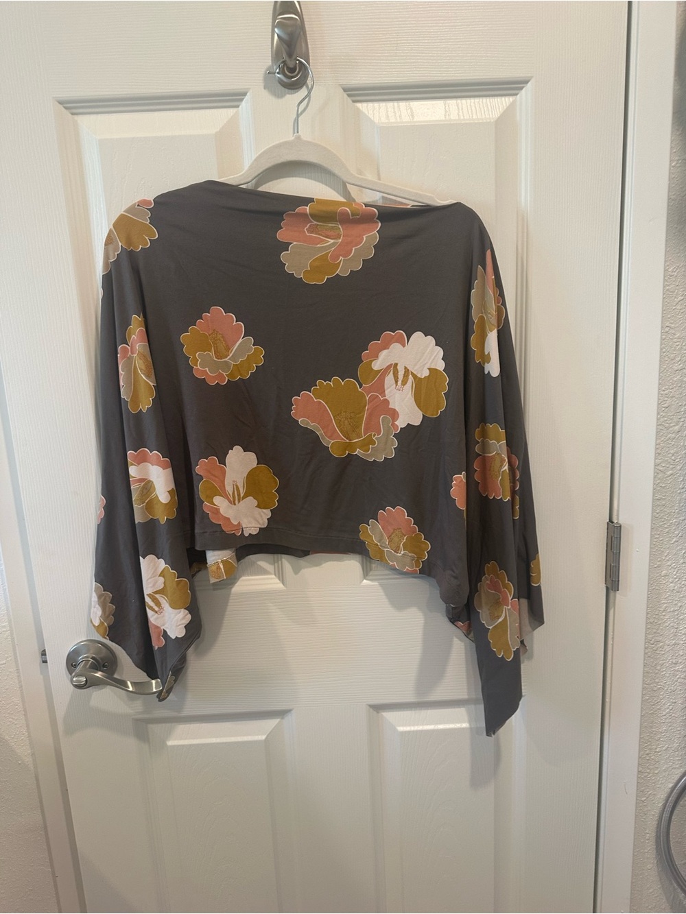Cropped Floral Dolman Top in Gray with Pink & Mustard Blooms